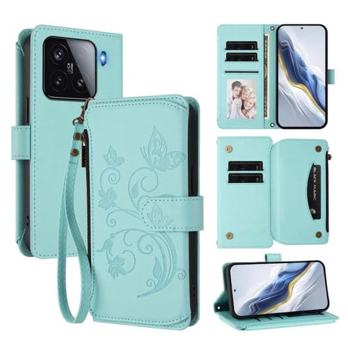 Funda de cuero con cremallera para Xiaomi 15, diseño de mariposas y flores, con múltiples tarjetas (verde menta)