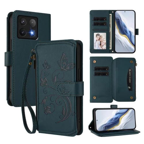Funda de cuero con cremallera para Xiaomi 14T Pro, diseño de mariposas, flores y mariposas (verde oscuro)