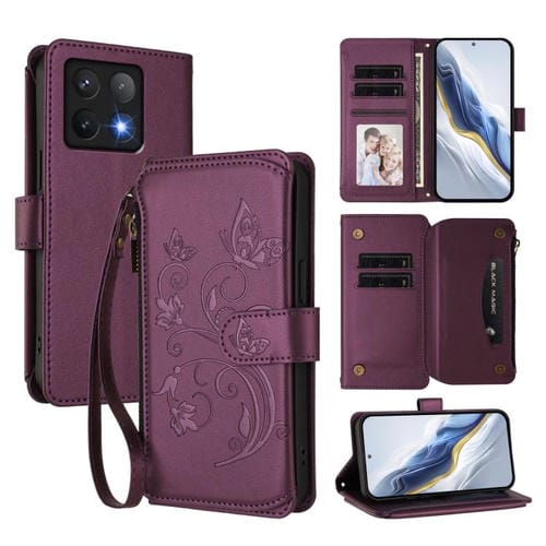 Funda de cuero con cremallera para Xiaomi 14T, diseño de mariposas y flores, con múltiples tarjetas (morado oscuro)