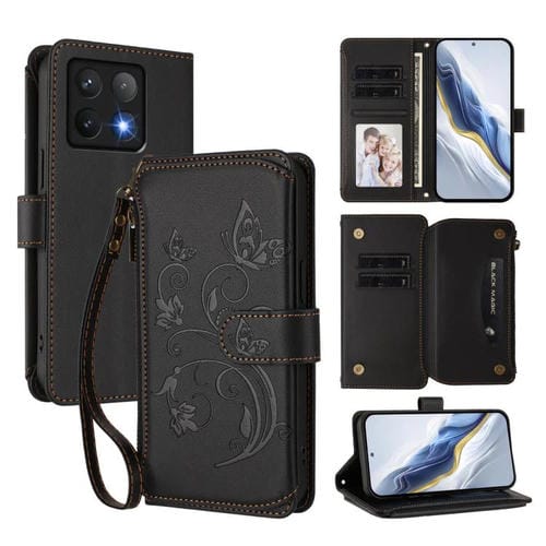 Funda de cuero con cremallera para Xiaomi 14T, diseño de mariposas y flores, con múltiples tarjetas (negro)