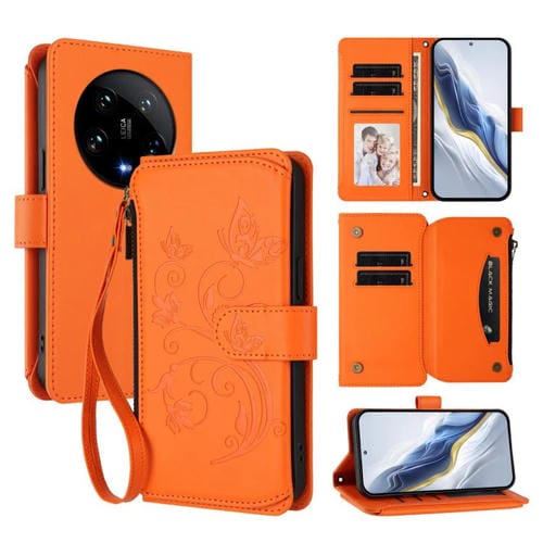 Funda de cuero con cremallera para Xiaomi 14 Ultra, diseño de mariposa, amor y flores, con múltiples tarjetas (naranja)
