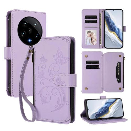 Funda de cuero con cremallera para Xiaomi 14 Ultra, diseño de mariposa, amor y flores, con múltiples tarjetas (morado claro)