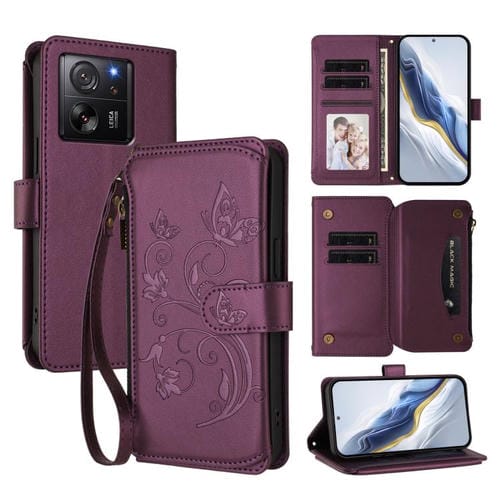 Funda de cuero con cremallera para Xiaomi 13T / 13T Pro / Redmi K60 Ultra, diseño de mariposas, flores y amor (morado oscuro)
