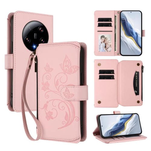 Funda de cuero con cremallera para Xiaomi 13 Ultra, diseño de mariposas, flores y mariposas (rosa)
