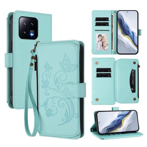Funda de cuero con cremallera para Xiaomi 13, diseño de mariposas y flores, con múltiples tarjetas (verde menta)