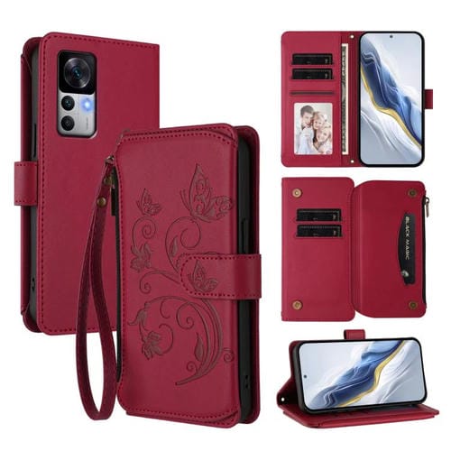 Funda de cuero con cremallera para Xiaomi 12T / 12T Pro / Redmi K50 Ultra, diseño de mariposas, flores y amor (rojo vino)