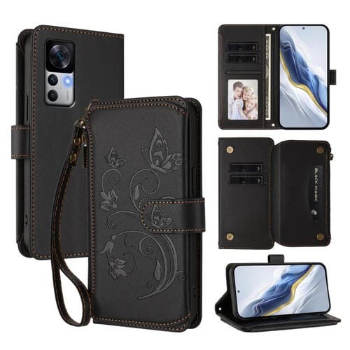 Funda de cuero con cremallera para Xiaomi 12T / 12T Pro / Redmi K50 Ultra, diseño de mariposas y flores, con múltiples tarjetas (negro)