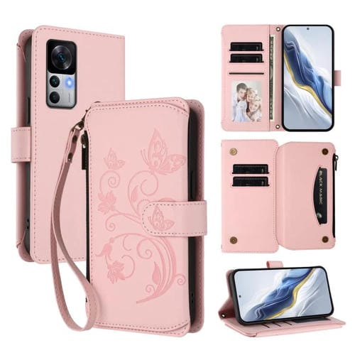 Funda de cuero con cremallera para Xiaomi 12T / 12T Pro / Redmi K50 Ultra, diseño de mariposas, flores y mariposas (rosa)