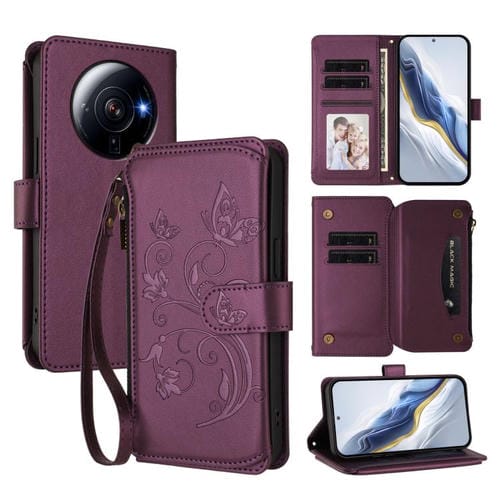 Funda de cuero con cremallera para Xiaomi 12S Ultra, diseño de mariposas, flores y mariposas (morado oscuro)