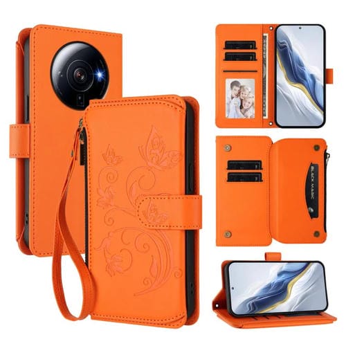 Funda de cuero con cremallera para Xiaomi 12S Ultra, diseño de mariposas, flores y amor, con múltiples tarjetas (naranja)