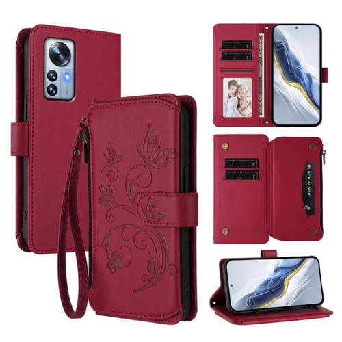 Funda de cuero con cremallera para Xiaomi 12 Pro / 12S Pro, diseño de mariposas, flores y amor (rojo vino)