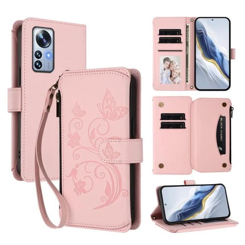Funda de cuero con cremallera para Xiaomi 12 Pro / 12S Pro, diseño de mariposas, flores y múltiples tarjetas (rosa)