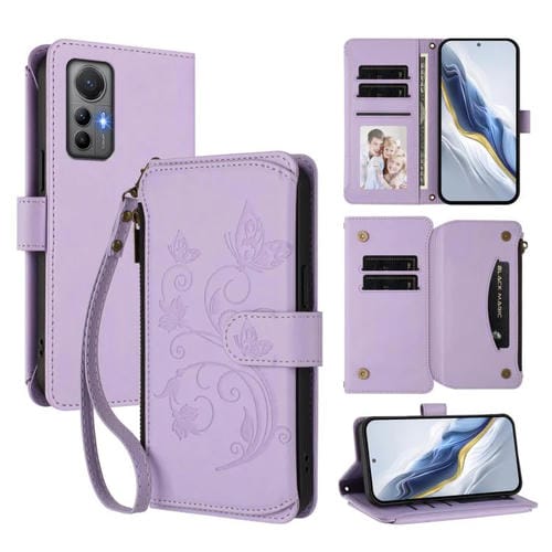 Funda de cuero con cremallera para Xiaomi 12 Lite, diseño de mariposas, flores y mariposas (morado claro)