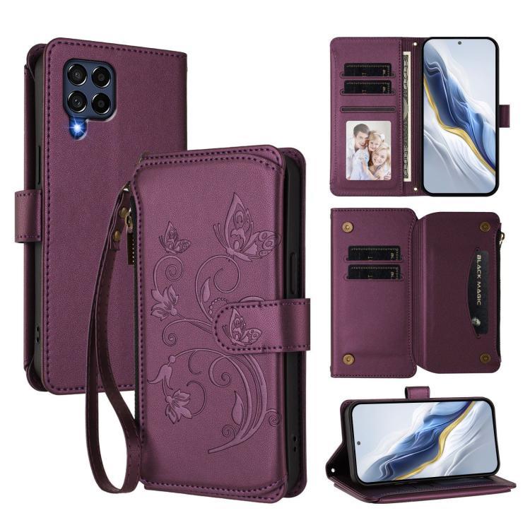 Funda de cuero con cremallera para Samsung Galaxy M53 5G, diseño de mariposas, flores y amor, con múltiples tarjetas (morado oscuro)