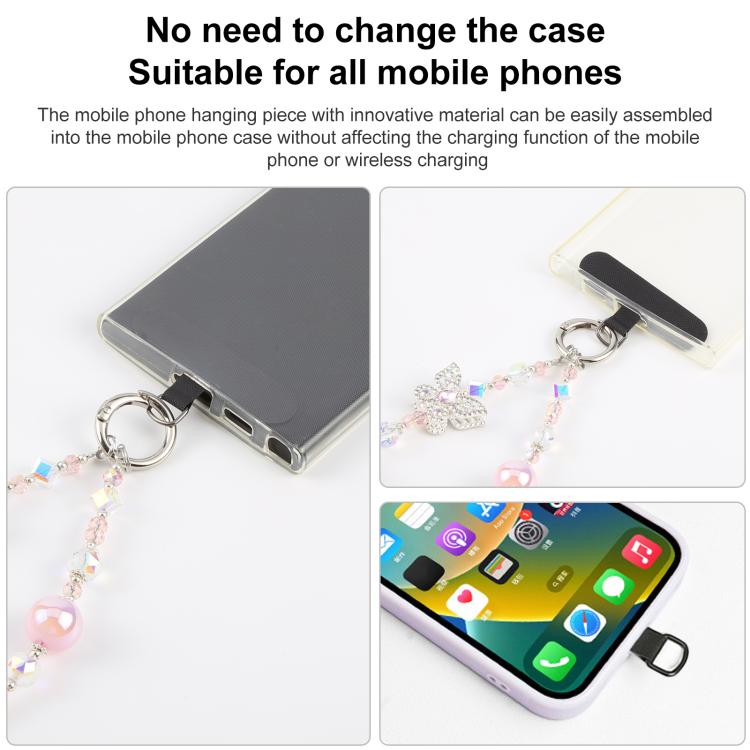 Correa universal para teléfono con dije de mariposa de diamante y cuentas de cristal antipérdida (rosa)