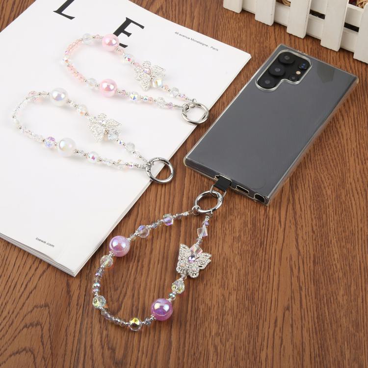 Correa universal para teléfono con dije de mariposa de diamante y cuentas de cristal antipérdida (rosa)