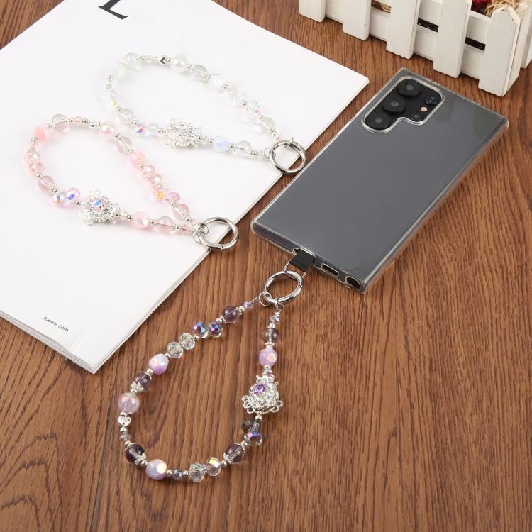 Cadena de cuentas de lujo universal para teléfono, correa con cuentas de cristal antipérdida (blanca)