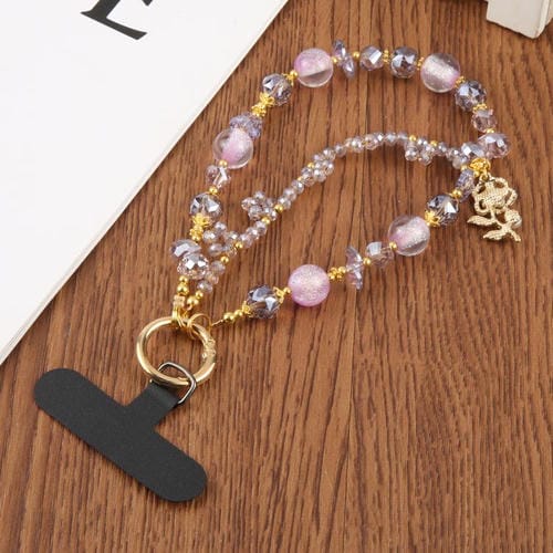 Cadena de cuentas de flores para teléfono universal con cuentas de cristal antipérdida (morado)