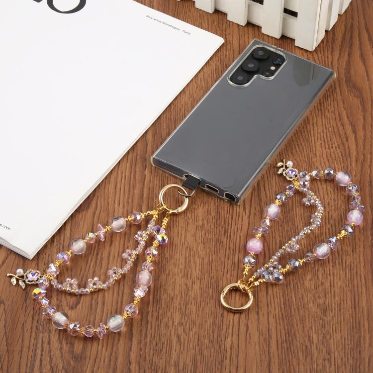 Cadena de cuentas de flores para teléfono universal con cuentas de cristal antipérdida (morado)