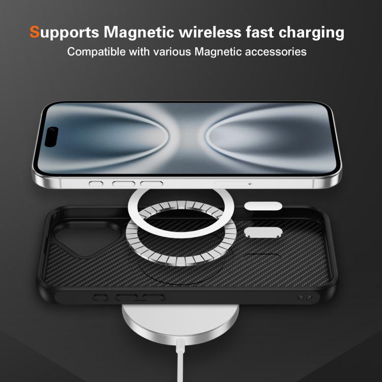 Funda MagSafe con textura de fibra de carbono y tacto suave para iPhone 16 (negra)