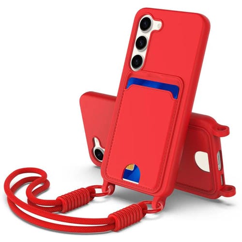 Funda de silicona líquida de color sólido para Samsung Galaxy S23 5G con tarjetero integrado y cordón corto (rojo)