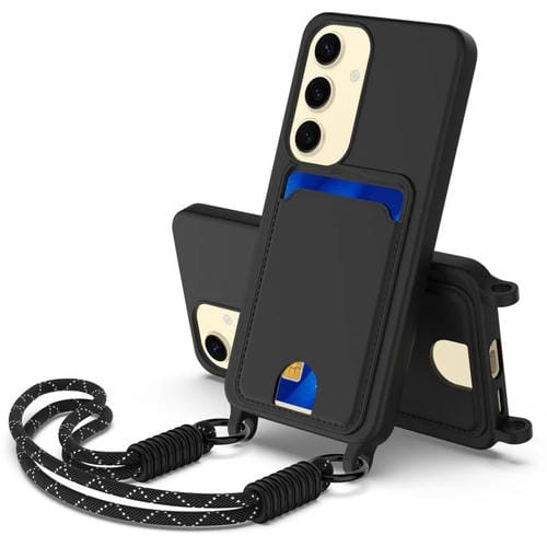 Funda de silicona líquida de color sólido con tarjetero integrado para Samsung Galaxy S24 5G (Gen2) con cordón corto (negro)