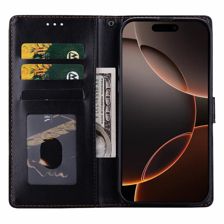 Funda de cuero con relieve a cuadros para iPhone 16 Pro Max (negra)