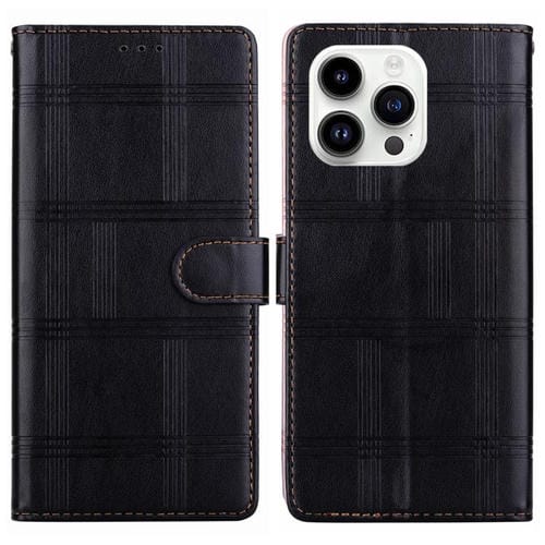 Funda de cuero con relieve a cuadros para iPhone 15 Pro Max (negra)