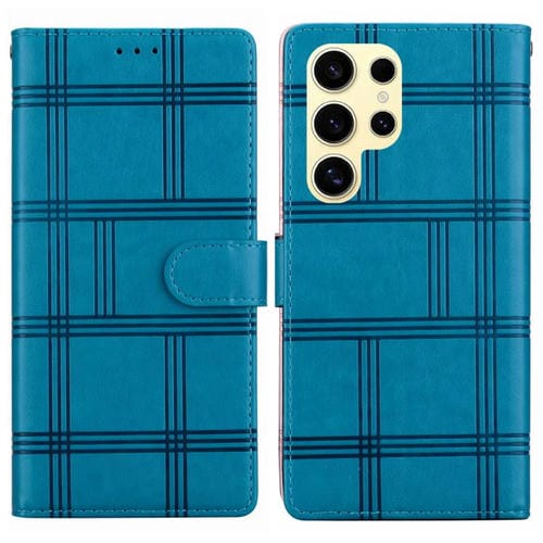 Funda de piel con relieve a cuadros para Samsung Galaxy S22 Ultra 5G (azul)
