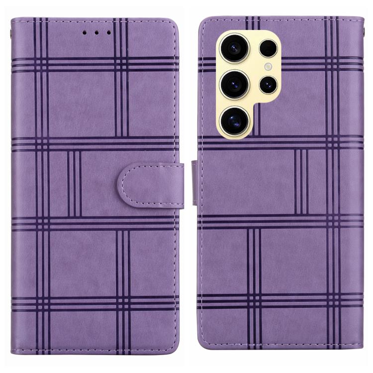 Funda de piel con relieve a cuadros para Samsung Galaxy S22 Ultra 5G (morada)