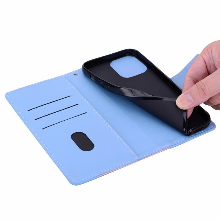 Funda de cuero bicolor con relieve para iPhone 16e (rosa y azul)