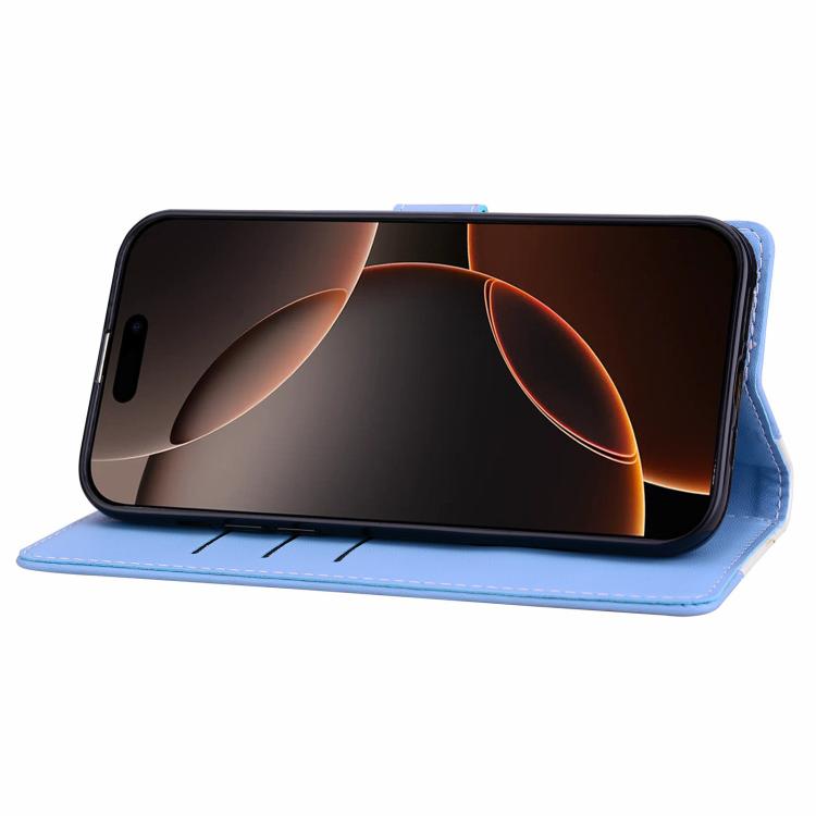 Funda de cuero bicolor con relieve para iPhone 16e (blanco y azul)