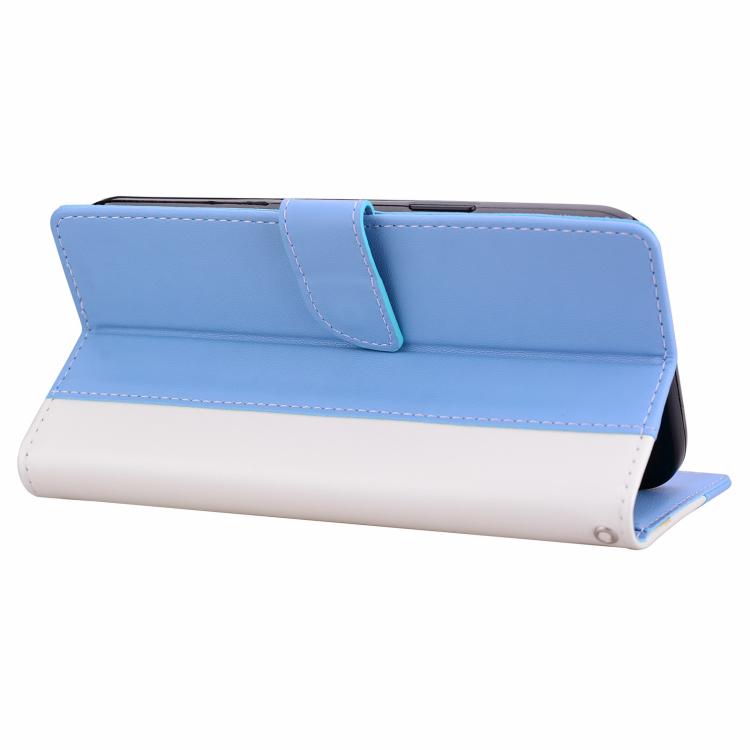 Funda de cuero bicolor con relieve para iPhone 16e (blanco y azul)