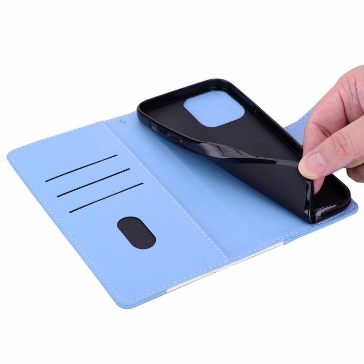Funda de cuero bicolor con relieve para iPhone 16e (blanco y azul)