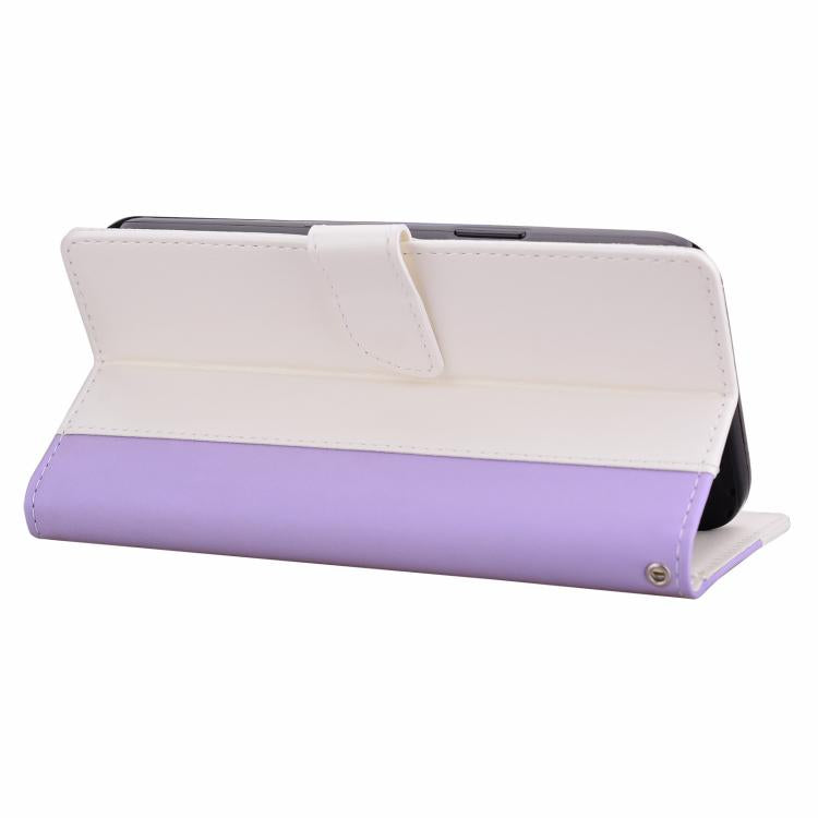 Funda de cuero bicolor con relieve para iPhone 16e (morado y blanco)