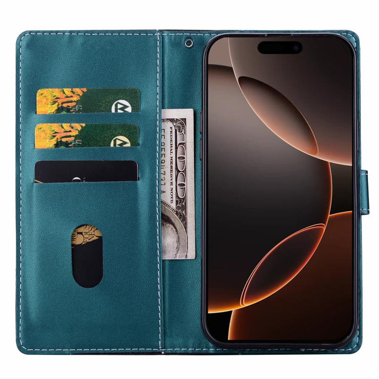 Funda de cuero bicolor con relieve para iPhone 16 (negro y verde)
