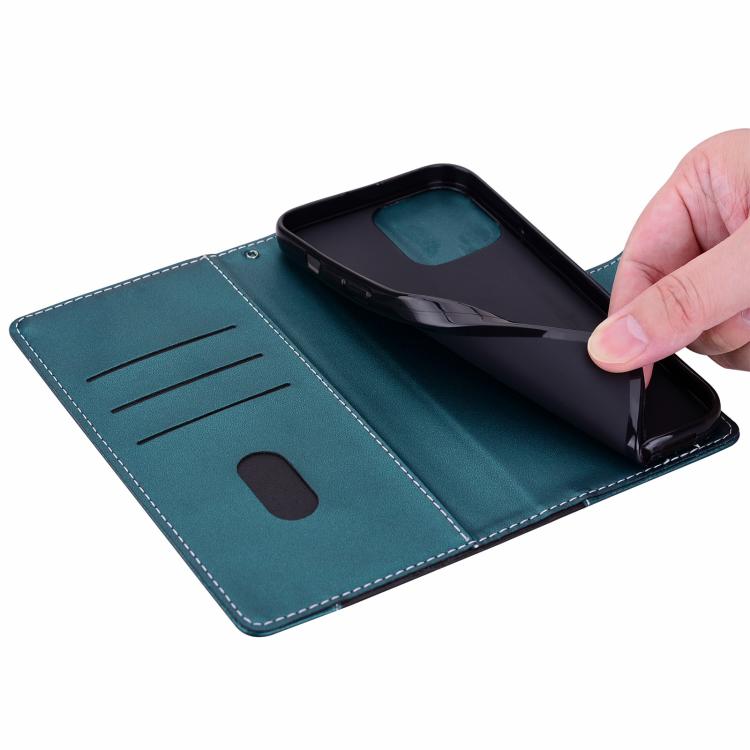 Funda de cuero bicolor con relieve para iPhone 16 (negro y verde)