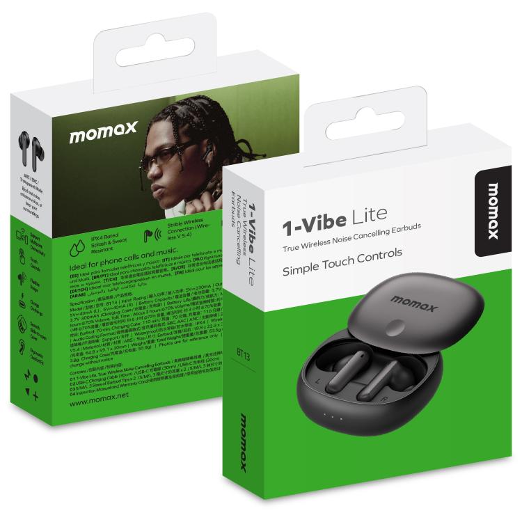 Auriculares inalámbricos MOMAX 1-Vibe Lite con cancelación de ruido BT5.4 (negros)