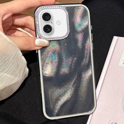 Funda 3 en 1 con diseño de arena movediza y marco de diamante para iPhone 16 Plus (negra)