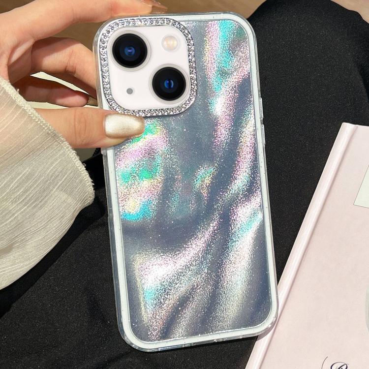 Funda 3 en 1 con diseño de arena movediza y marco de diamante para iPhone 15 (plateada)