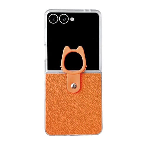 Funda de poliuretano termoplástico (PU) y policarbonato con marco transparente y soporte para anillo para Samsung Galaxy Z Flip5 5G (naranja)