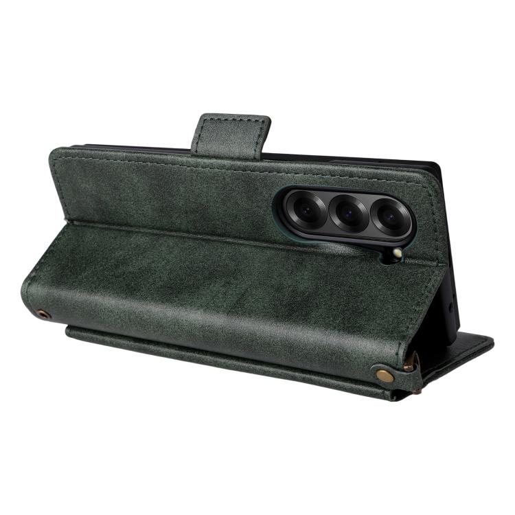 Funda de piel de vacuno cruzada con ranuras para múltiples tarjetas para Samsung Galaxy Z Fold3 5G (verde)