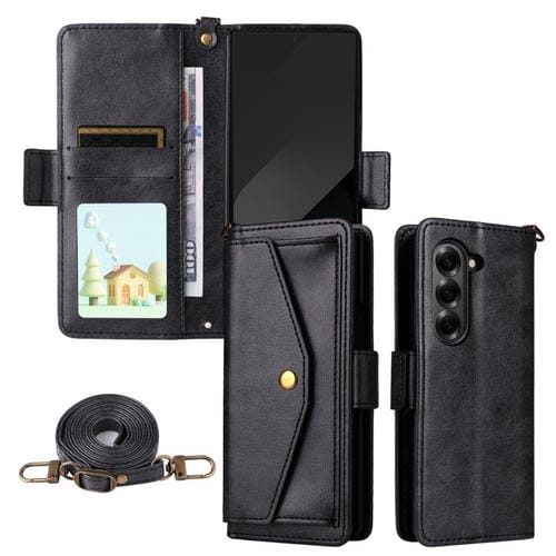 Funda de piel de vacuno cruzada con ranuras para múltiples tarjetas para Samsung Galaxy Z Fold5 5G (negra)
