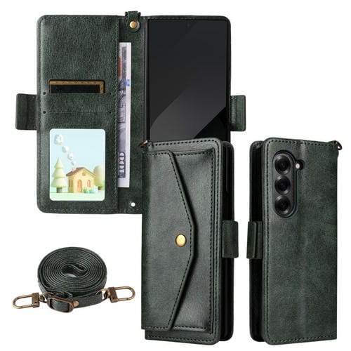 Funda de piel de vacuno cruzada con ranuras para múltiples tarjetas para Samsung Galaxy Z Fold5 5G (verde)