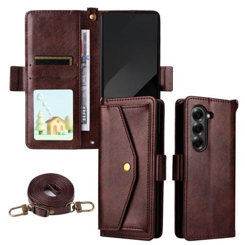 Funda de piel de vacuno cruzada con ranuras para múltiples tarjetas para Samsung Galaxy Z Fold6 5G (marrón)