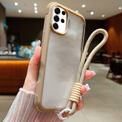 Funda de acrílico transparente de TPU con borde liso y correa para la muñeca para Samsung Galaxy S25 Ultra / S24 Ultra 5G (marrón)