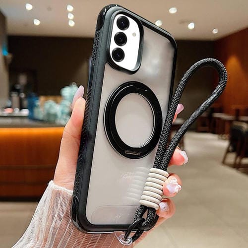 Funda MagSafe para Samsung Galaxy S25+ / S24+ 5G con borde transparente, rotación y correa de muñeca (negra)
