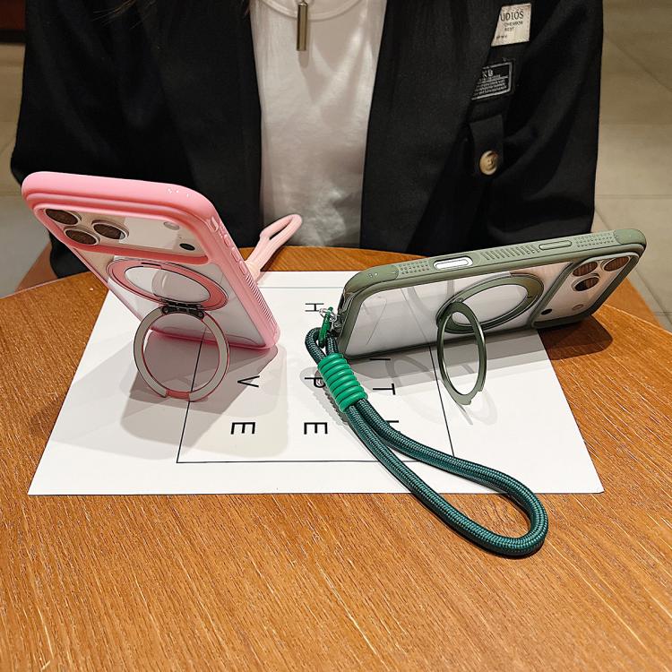 Funda MagSafe para Samsung Galaxy S25 Edge 5G con borde transparente, rotación y correa de muñeca (rosa)