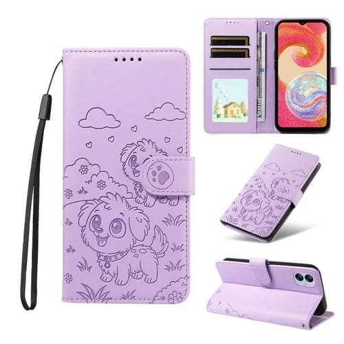 Funda de cuero tipo billetera con bloqueo RFID para Samsung Galaxy A04e 4G/F04, con diseño de corazón y perro en relieve (morado)