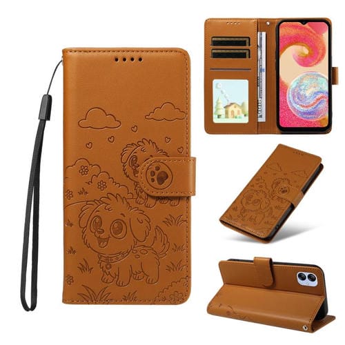 Funda de cuero tipo billetera con bloqueo RFID para Samsung Galaxy A04e 4G/F04 (marrón)